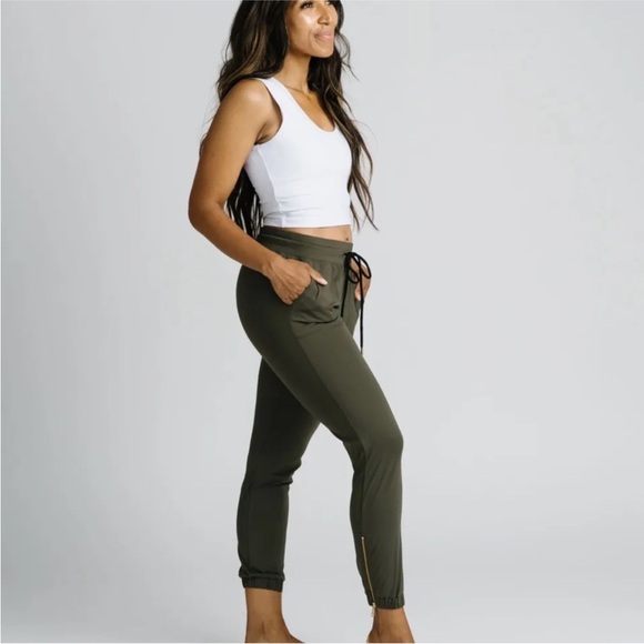 ZYIA Dark Olive Green Peak Zipper Jogger Pants - Picture 2 of 9